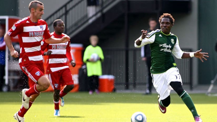 Portland's Kalif Alhassan (right) was instrumental in the Timbers' 3-2 win over Dallas on Sunday.