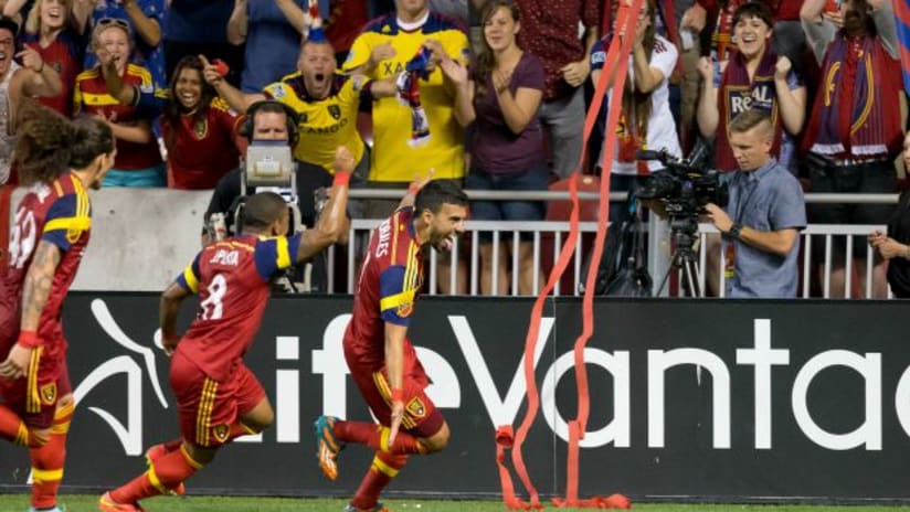 Javier Morales (Real Salt Lake) celebrates a goal in front of the Rio Tinto crowd