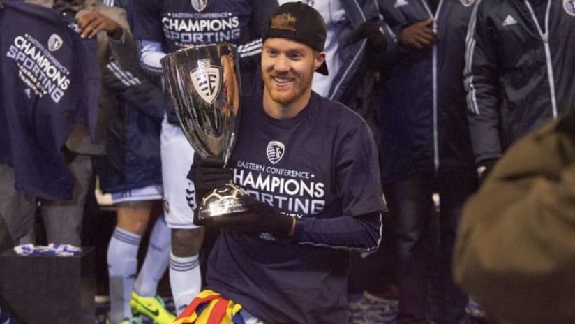 Oriol Rosell celebrates Sporting KC's MLS Cup title