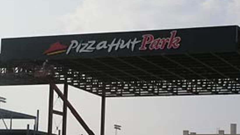 Pizza Hut Park stadium signage was put in place in preparation for the first game Saturday.