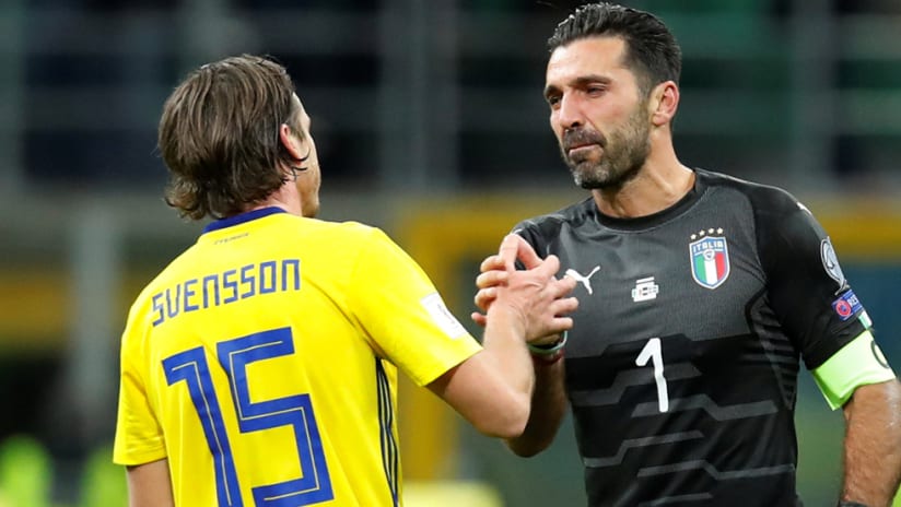 Gustav Svensson - Seattle Sounders - shakes hands with Gigi Buffon after World Cup qualifying