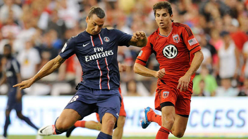 WFC: Paris Saint-Germain's Zlatan Ibrahimovic races with D.C. United's Dejan Jakovic