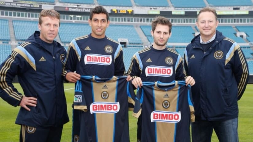 Vincent Nogueira (right) and Cristian Maidana (left) debut in Jacksonville with Philadelphia Union head coach John Hackworth and president Nick Sakiewicz