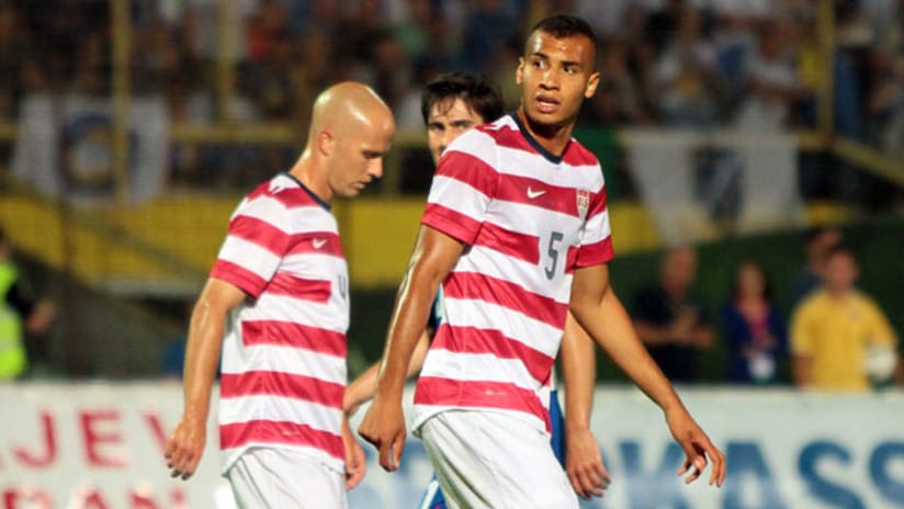 USMNT defender John Anthony Brooks stands with Michael Bradley during the Bosnia friendly