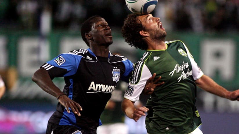 San Jose's Ike Opara defends against Portland's Adam Moffat in a USOC play-in game.