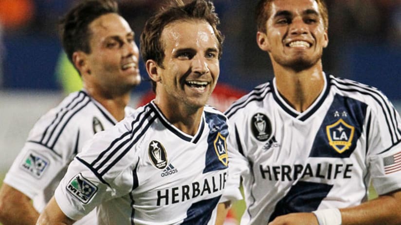 LA Galaxy's Mike Magee celebrates his goal against Dallas, July 28, 2012.