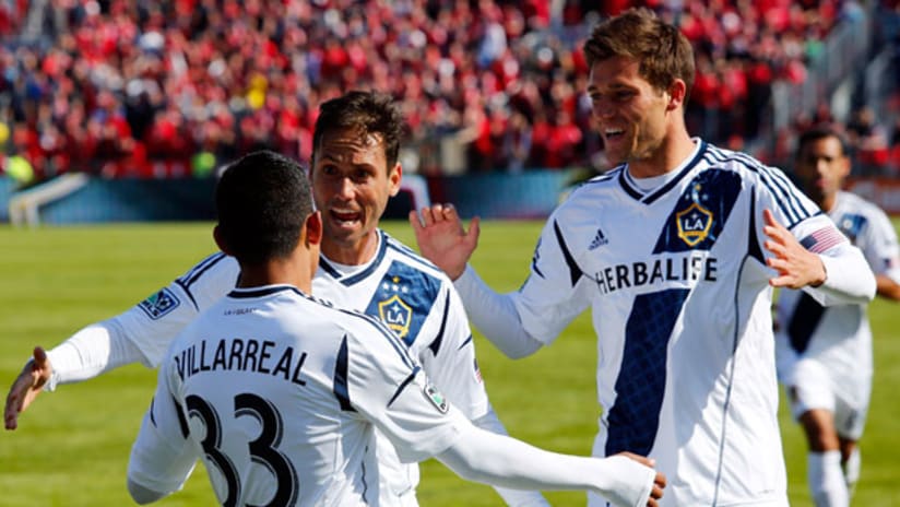 Jose Villarreal and his LA Galaxy teammates celebrate against Toronto FC