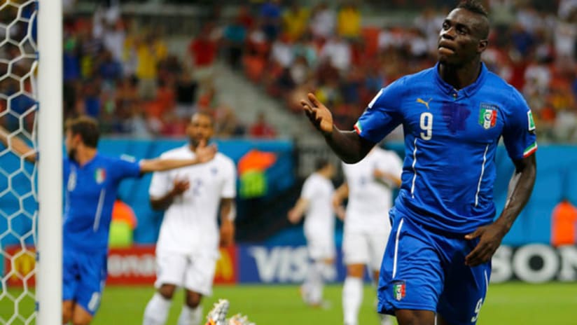 World Cup: Italy's Mario Balotelli celebrates his goal vs. England.