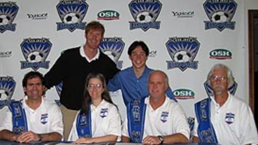 Quakes GM Alexi Lalas and Account Executive Todd Hogan with FC Fremont's Mark Biagini, Suzanne George, Larry Thompson and Larry McMahan.
