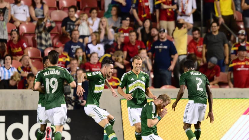 Nat Borchers celebrates goal against Real Salt Lake, August 15, 2015