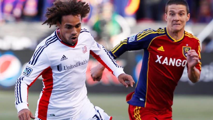 New England's Kevin Alston is chased by Real Salt Lake's Will Johnson, May 5, 2012.