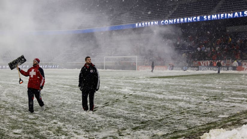 Snow at Red Bull Arena before match vs DC in 2012 MLS Playoffs