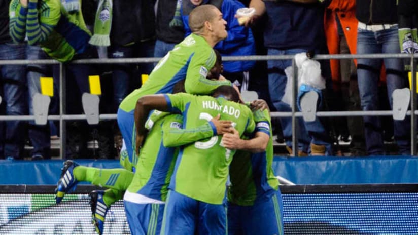 The Seattle Sounders celebrate a goal in the playoffs vs. Colorado