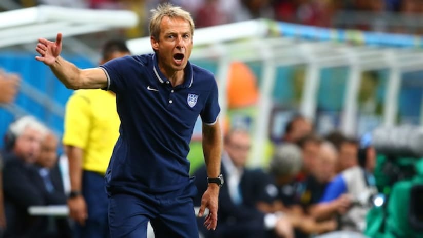 Jurgen Klinsmann reacts to a call in the USA's World Cup match vs. Belgium