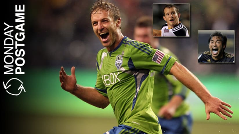 Monday Postgame: Seattle's Jeff Parke celebrates his matchwinner against Sporting KC.