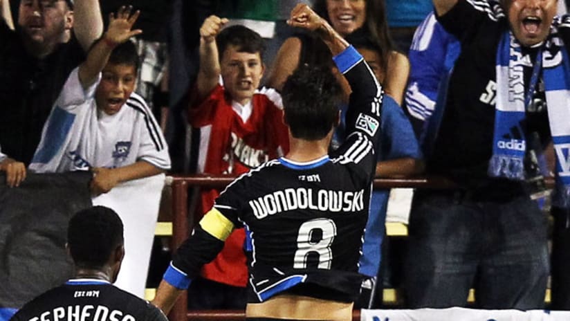 San Jose Earthquakes' Chris Wondolowski celebrates his goal vs. Real Salt Lake, April 21, 2012.