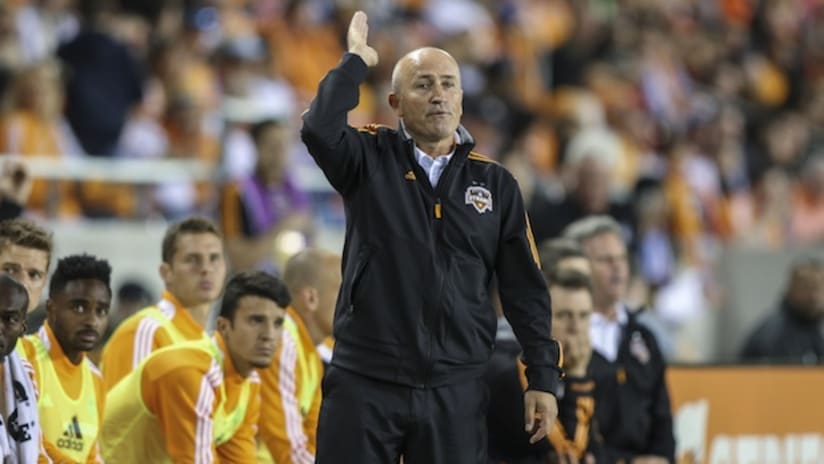 Dominic Kinnear reacts to a call in the Texas Derby