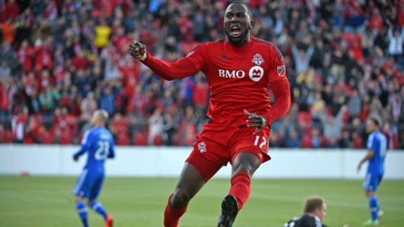 Jozy Altidore (Toronto FC) leaps in celebration after scoring against Montreal in Canadian Championship