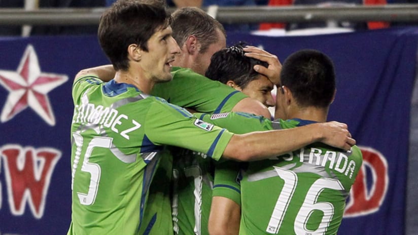 The Seattle Sounders celebrate a goal on Saturday.