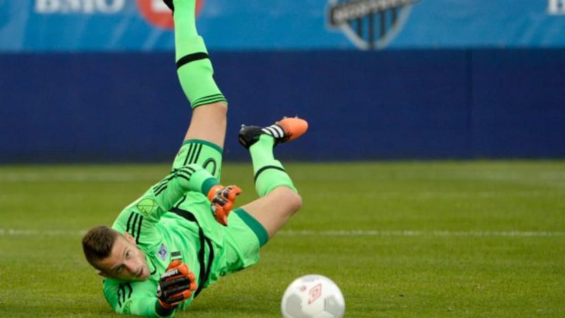 Paolo Tornaghi (Vancouver Whitecaps) makes a save in the 2015 Canadian Championship