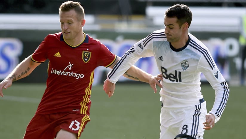 Chad Barrett - Real Salt Lake - Andrew Jacobson - Vancouver Whitecaps - battle for the ball