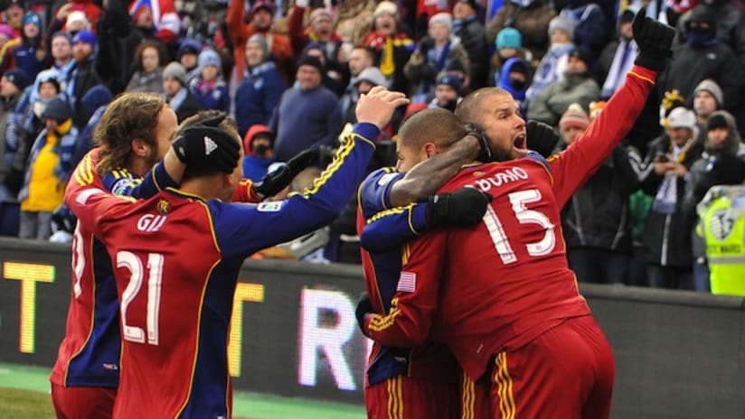 Real Salt Lake celebrate Alvaro Saborio's goal at MLS Cup