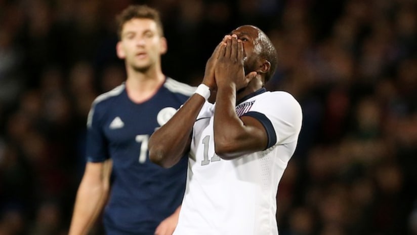 Jozy Altidore reacts to a missed chance against Scotland