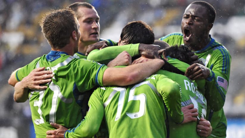 Seattle Sounders celebrate Alvaro Fernandez's stoppage time equalizer against Philadelphia.
