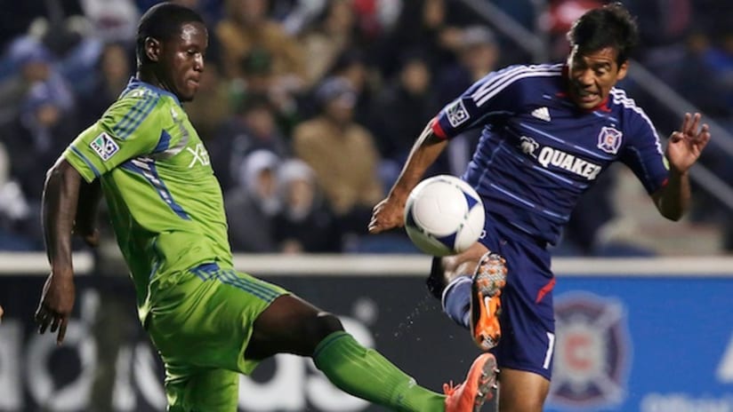 seattle sounders forward eddie johnson challenges for the ball