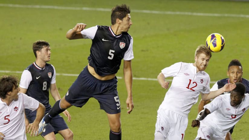 Omar Gonzalez heads the ball in the US friendly vs. Canada