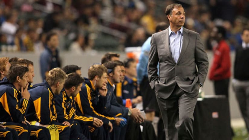 LA Galaxy coach Bruce Arena commands the sidelines in a 3-1 loss to Real Salt Lake, March 10, 2012.