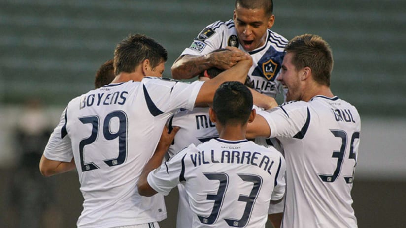 LA Galaxy celebrate Tommy Meyer's goal against Puerto Rico in CCL play