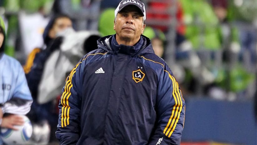 LA Galaxy coach Bruce Arena watches from the sideline as LA beat Seattle 1-0.