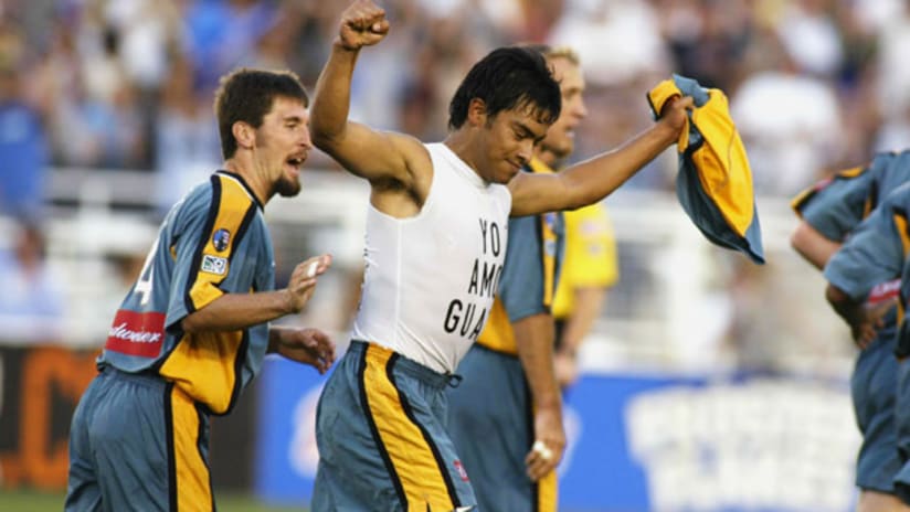 LA Galaxy striker Carlos Ruiz celebrates a goal against the San Jose Earthquakes on July 4, 2002.