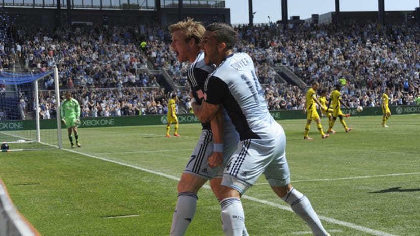 Jacob Peterson and Dom Dwyer celebrate a goal vs. Columbus
