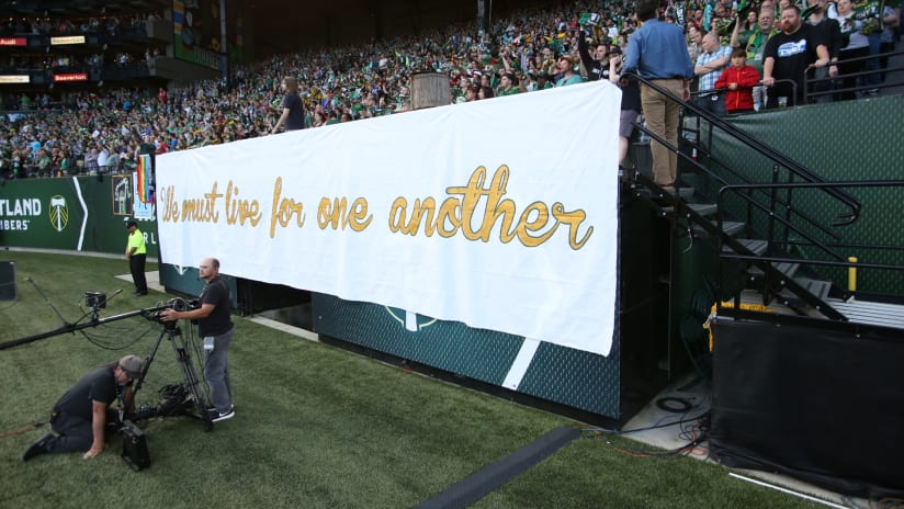 Timbers Army banner remembering Portland stabbing victims