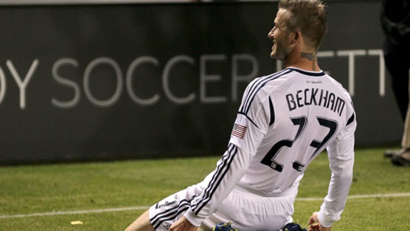 David Beckham celebrates goal against Portland