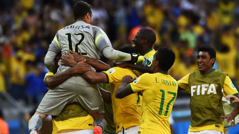 World Cup: Brazil celebrate with Julio Cesar.