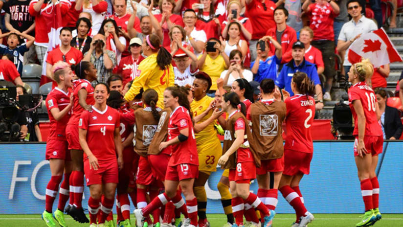 Canadian women's national team CanWNT celebrate following a Round of 16 win over Switzerland at the FIFA Women's World Cup