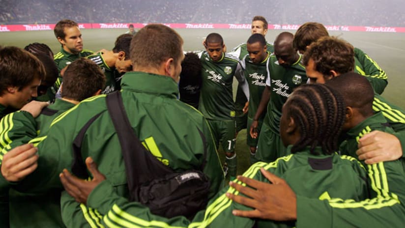 The Portland Timbers huddle before their match with the Galaxy.