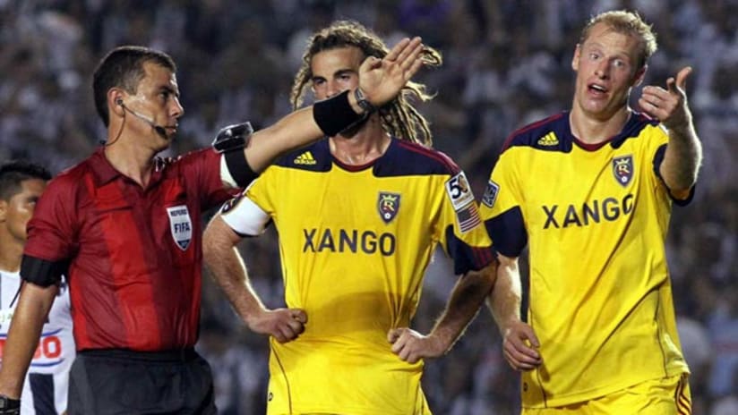 Real Salt Lake's Kyle Beckerman (left) and Nat Borchers argue a call during the CONCACAF Champions League finals in April.