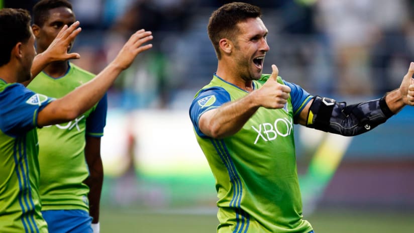 Will Bruin - Seattle Sounders - celebrates a goal with a thumbs-up