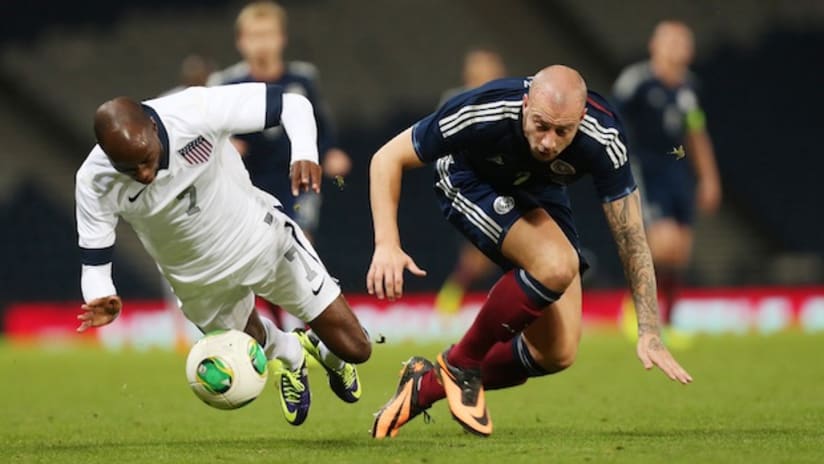 DaMarcus Beasley and Alan Hutton tumble in the Scotland-USA friendly