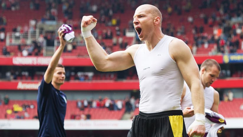Brad Guzan celebrates Aston Villa's win over Arsenal.
