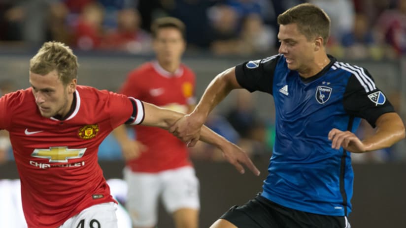 San Jose Earthquakes midfielder Marc Pelosi in action against Manchester United