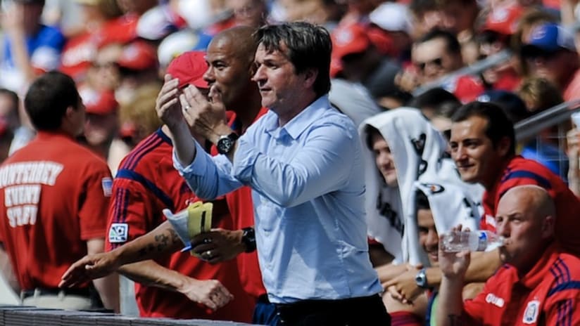 Chicago Fire head coach Frank Yallop gives instructions on June 1, 2014