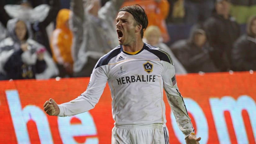 The LA Galaxy's David Beckham celebrates a goal in the MLS Cup on Sunday night.