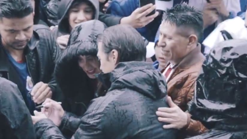 Matias Almeyda - San Jose Earthquakes - greeting fans in the rain