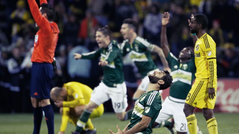 MLS Cup - 2015 - Jair Marrufo blows the whistle and Timbers celebrate while Crew sad