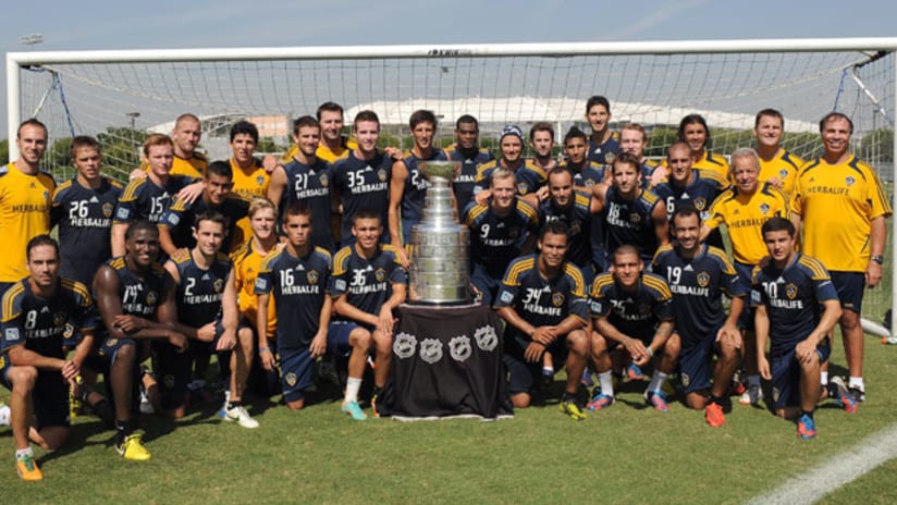 The LA Galaxy pose with the Stanley Cup